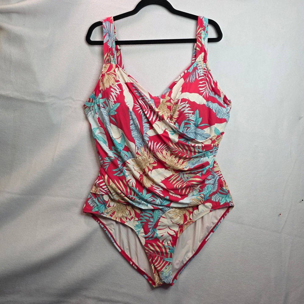 Jantzen Womens Tropical Floral One Piece Swimsuit Red Teal 22W JZ22704M